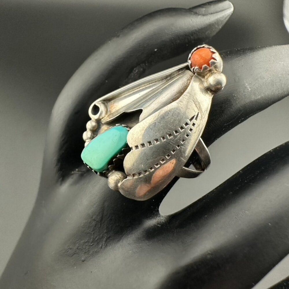 Unique Vintage Native American Turquoise & Coral Sterling Silver Ring Size 6 - Picture 4 of 8